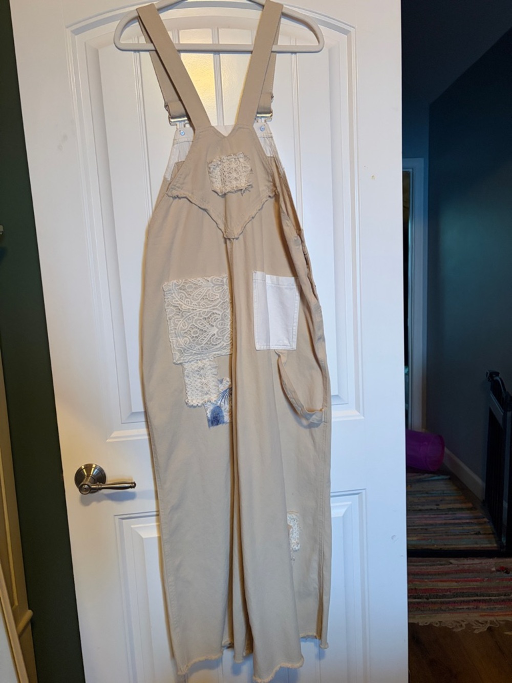 NWOT POL Cream Patchwork Wide Leg Overalls Size Small - Picture 11 of 16